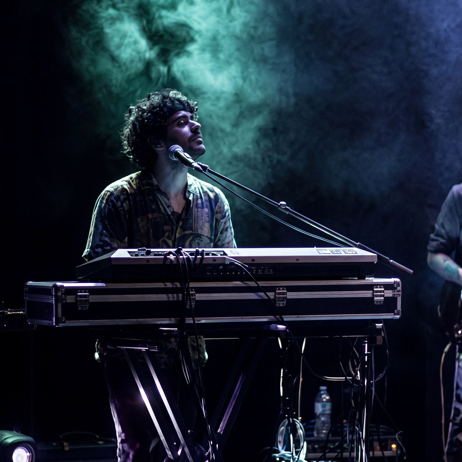 Osman Meyredi at the keyboards in teal stage smoke
